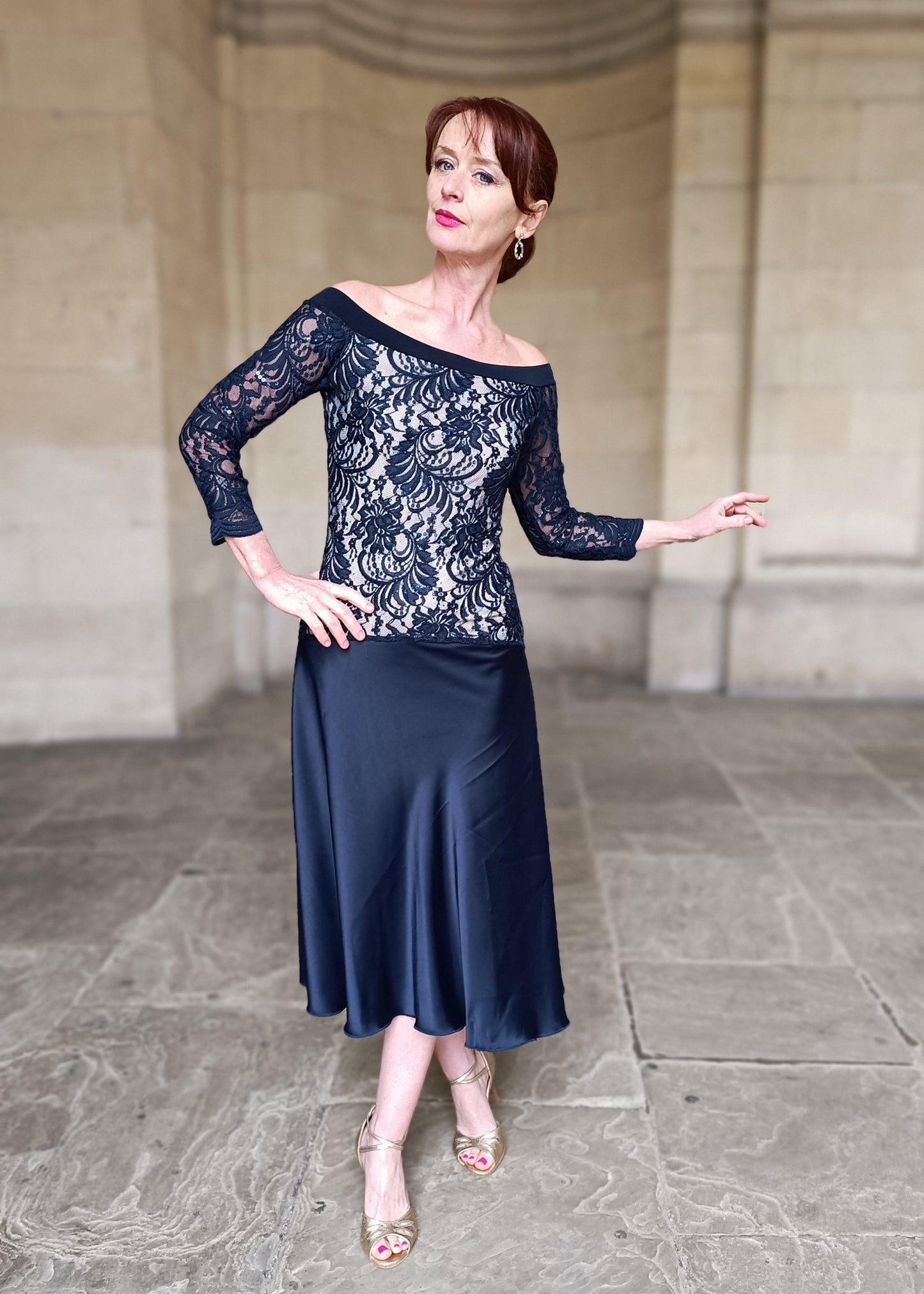 Lace satin flowy dress